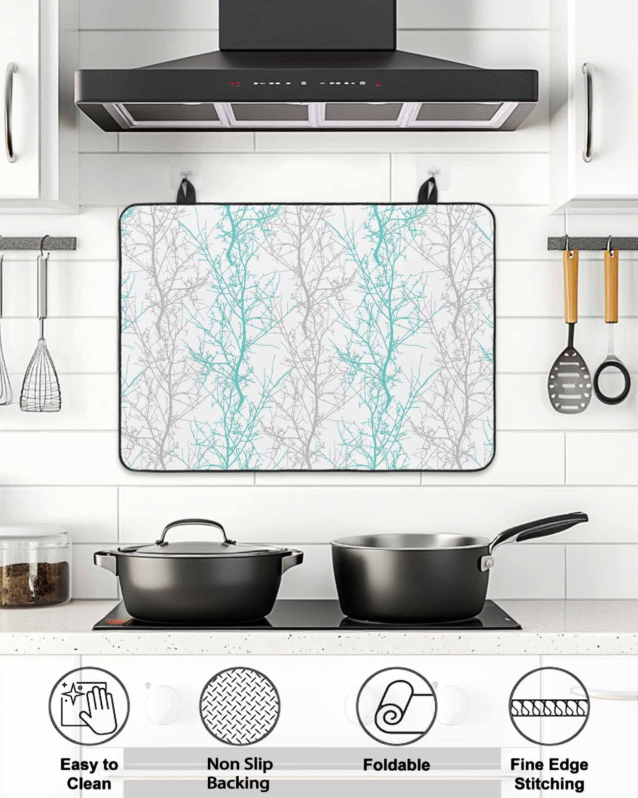 Stove Top Covers for Electric Stove, Teal Grey Branch Glass Stovetop Cover Protector, Spring Summer Pastoral Botanical Induction Cooktop Protector Oven Mat for Kitchen Countertop 24"x21"