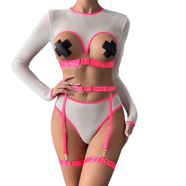 Gibobby Conjunto de lencería de encaje Lencería de dos piezas para mujer, sexy con encaje floral, escote en V profundo, brasier inalámbrico y tanga exótico(Blanco, M)