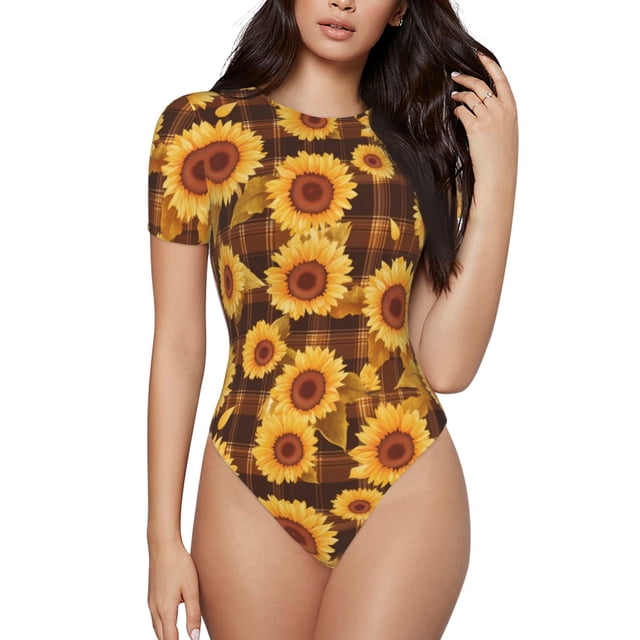Fotbe Vintage Brown Plaid Sunflower Body de Mujer con Cuello Redondo y Mangas Cortas, Sin Mangas Ajustado, Suave, Cómodo y Básico-X-Large