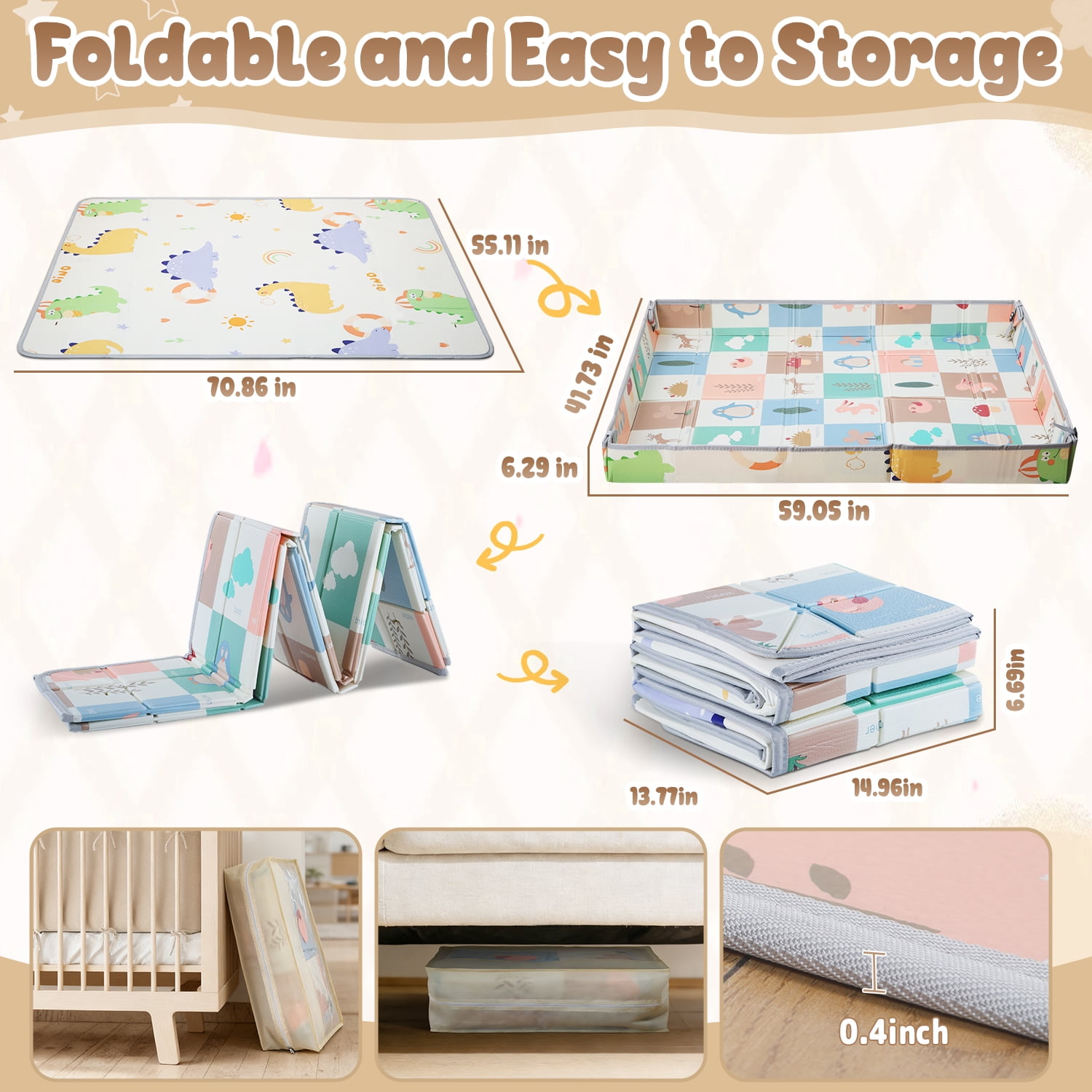 JoyStone 70 x 55 Inch Foldable Baby Play Mat with Fold-Up Sides & Storage Bag, Foam Tummy Time Mat, Infant Floor Playpen Mat for Indoor & Outdoor Use
