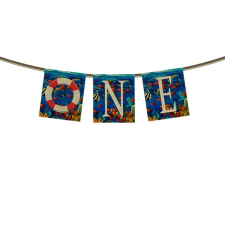 GCKG One Banner Bunting 1st First Birthday Banner,Blue Ocean Tropical Fish Coral Undersea World Swim Ring Background Banner Garland Flag for Baby Boy Girl First Birthday Party