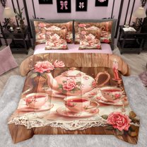 Manfei Vintage Teatime Party Bedding Comforter Set 7pcs for Girls Boys,Rustic Cottage Cabin Queen Bedding Sets Super Cozy,Floral Rose Fruit Queen Sheet Sets,Luxury Bedroom Decor,Reversible