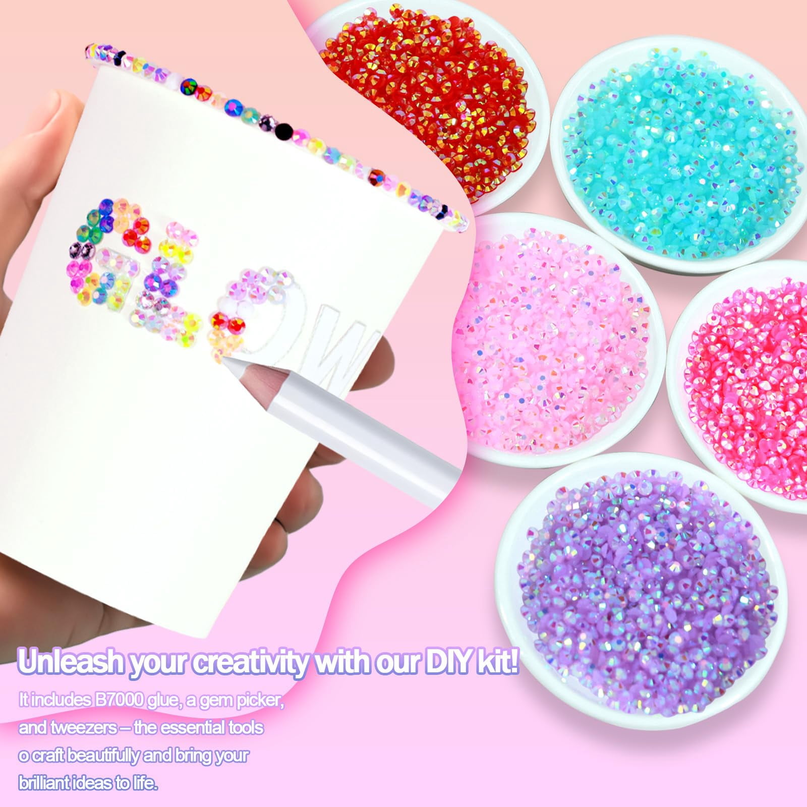 40000+Pcs bedazzler kit with rhinestones, 3mm Multicolor Flat Back Gems Bedazzler Kit with 3Pcs 10ml B7000 Jewelry Glue, Colorful Bulk Jewels for Book Shoes Crafts Tumblers Nail Art DIY