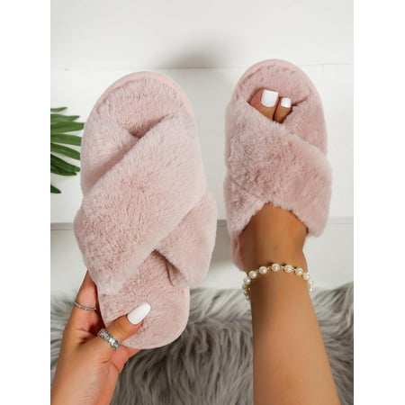 

Women Minimalist Cross Strap Fluffy Bedroom Slippers Fashion Indoor Home Slippers