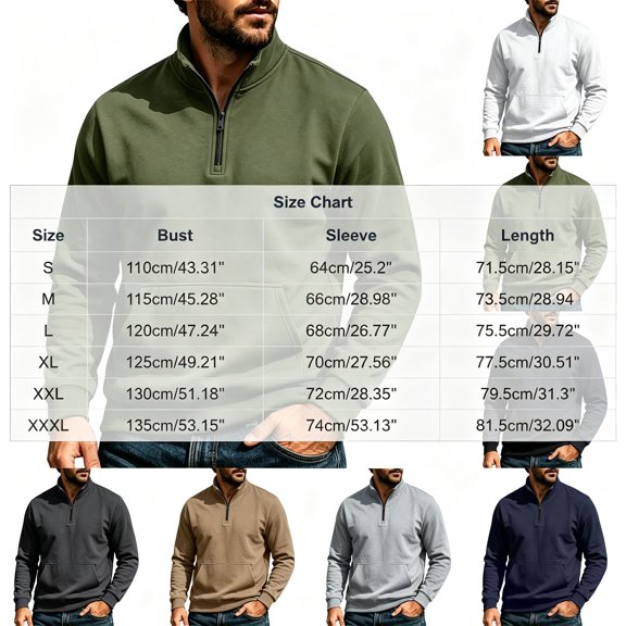 Hngshg Mens Sweatshirts Trendy Quarter Zip Stand Neck Solid Color Tops Long Sleeve Pocket Pullover Sweatshirts