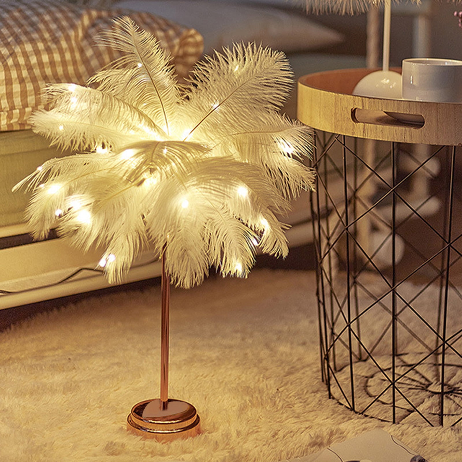Feathers Table Battery Operated LED Lamp Vintage Elegant Bedside