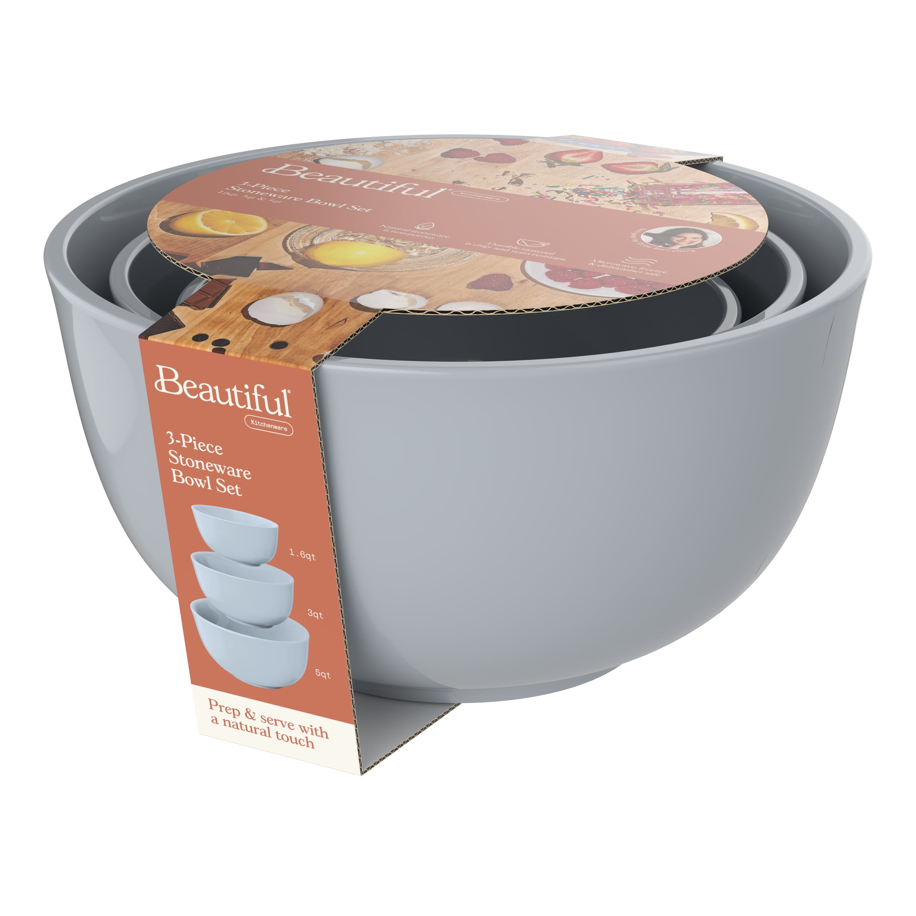 Beautiful 3-Piece Stoneware Nesting Mixing Bowl Set, Cornflower Blue by Drew Barrymore