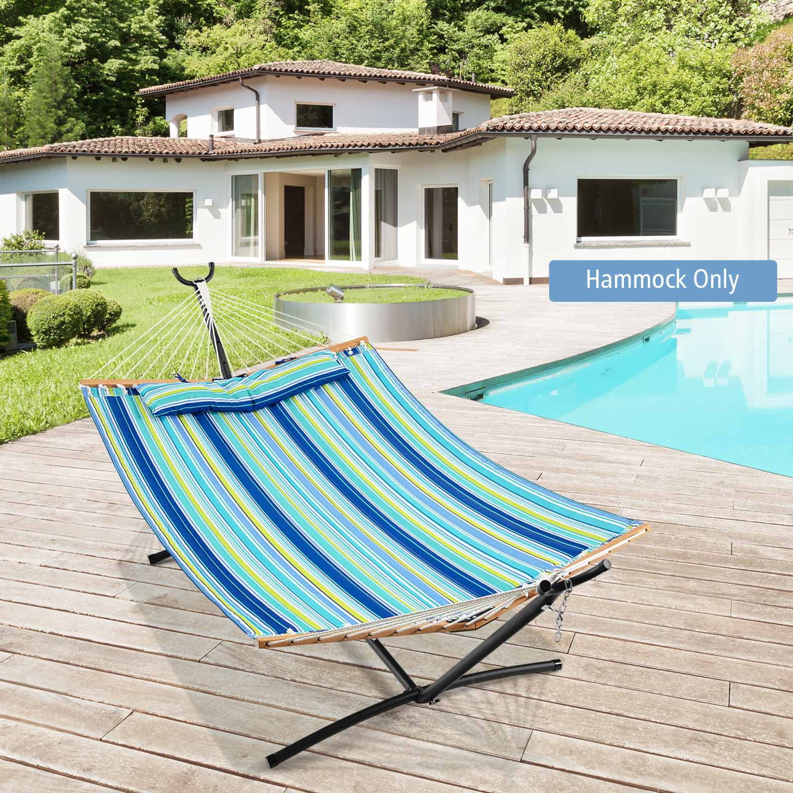 Patiojoy Portable Hammock W/ Spreader Bars & Detachable Pillow Quick Dry & Water Proof Material Hand Woven Cotton Rope Blue + Green