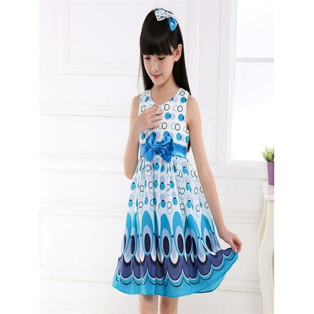 Kids Girls Bow Belt Sleeveless Bubble Peacock Dress Party Clothing Outfits