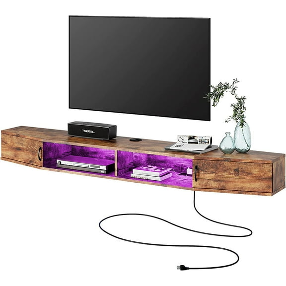 Floating TV Stand Wall Mounted Shelf with 16 LED Lights, Wood Media Console Entertainment Center Under TV, Cabinet Hutch Desk Storage for Home and Office,Rustic Brown