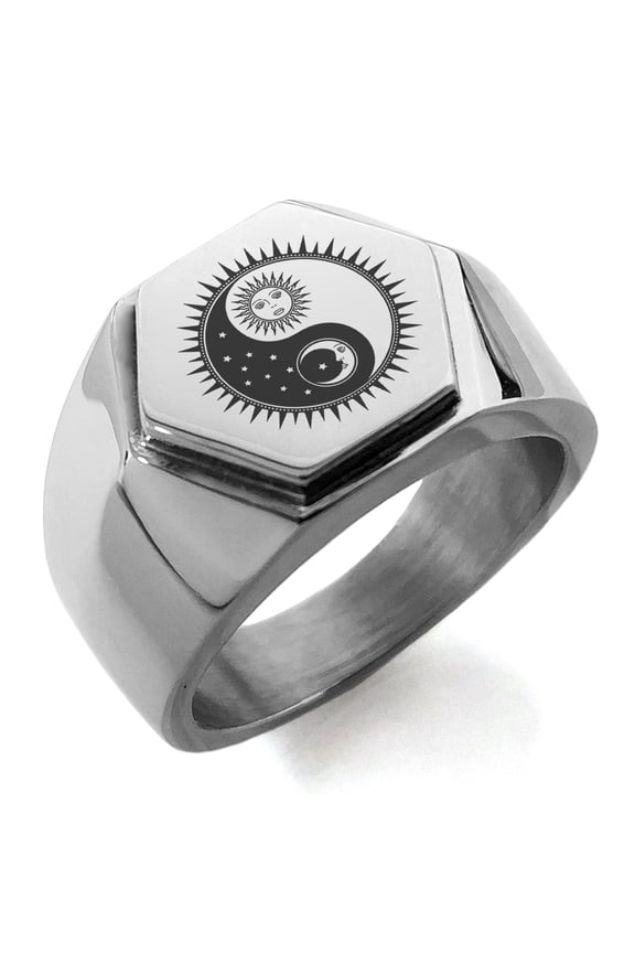 Stainless Steel Sun & Moon Yin Yang Engraved Hexagon Crest Flat Top Biker Style Polished Ring