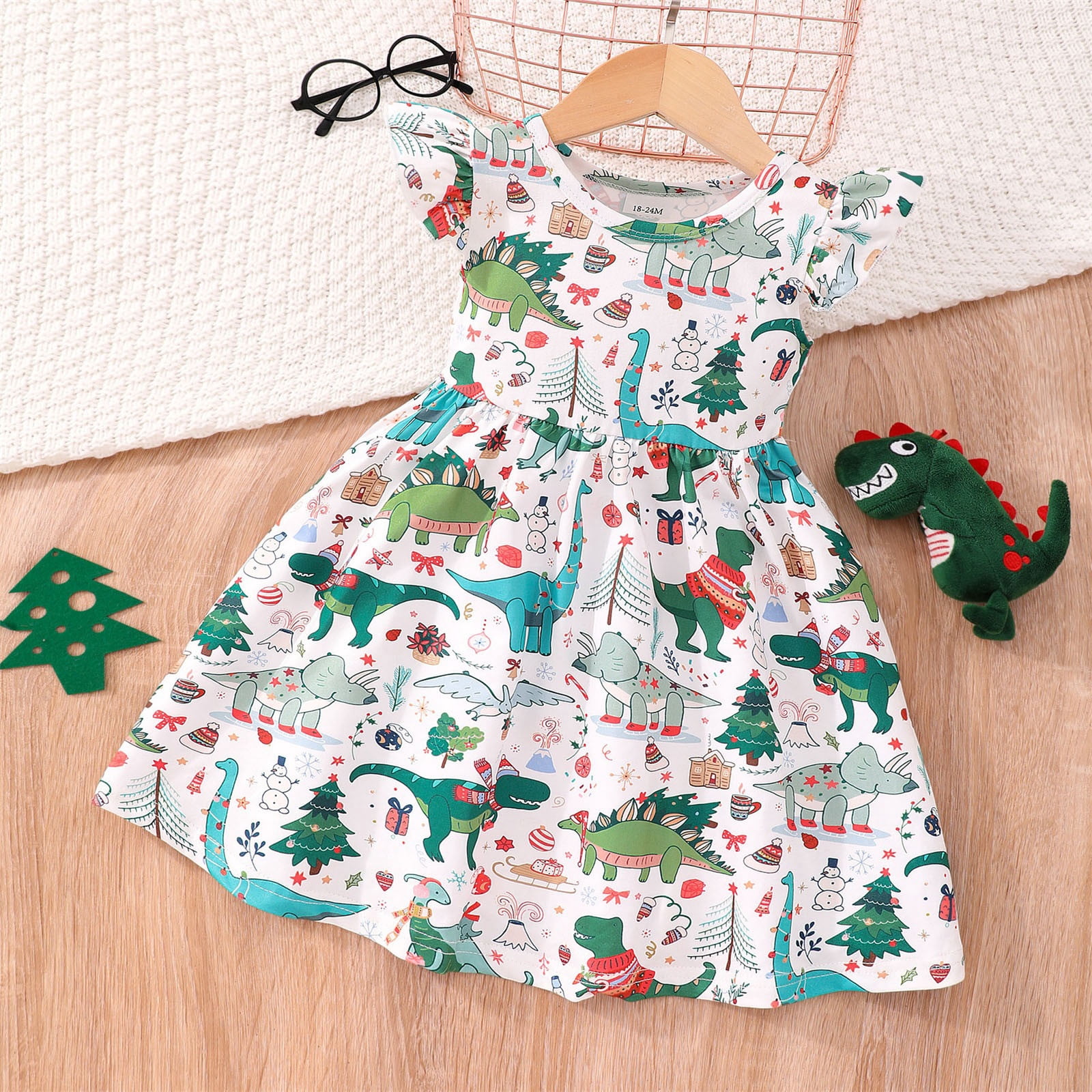 white christmas dresses Noel Dinosaur Dress – Abby Apples Boutique main image 1