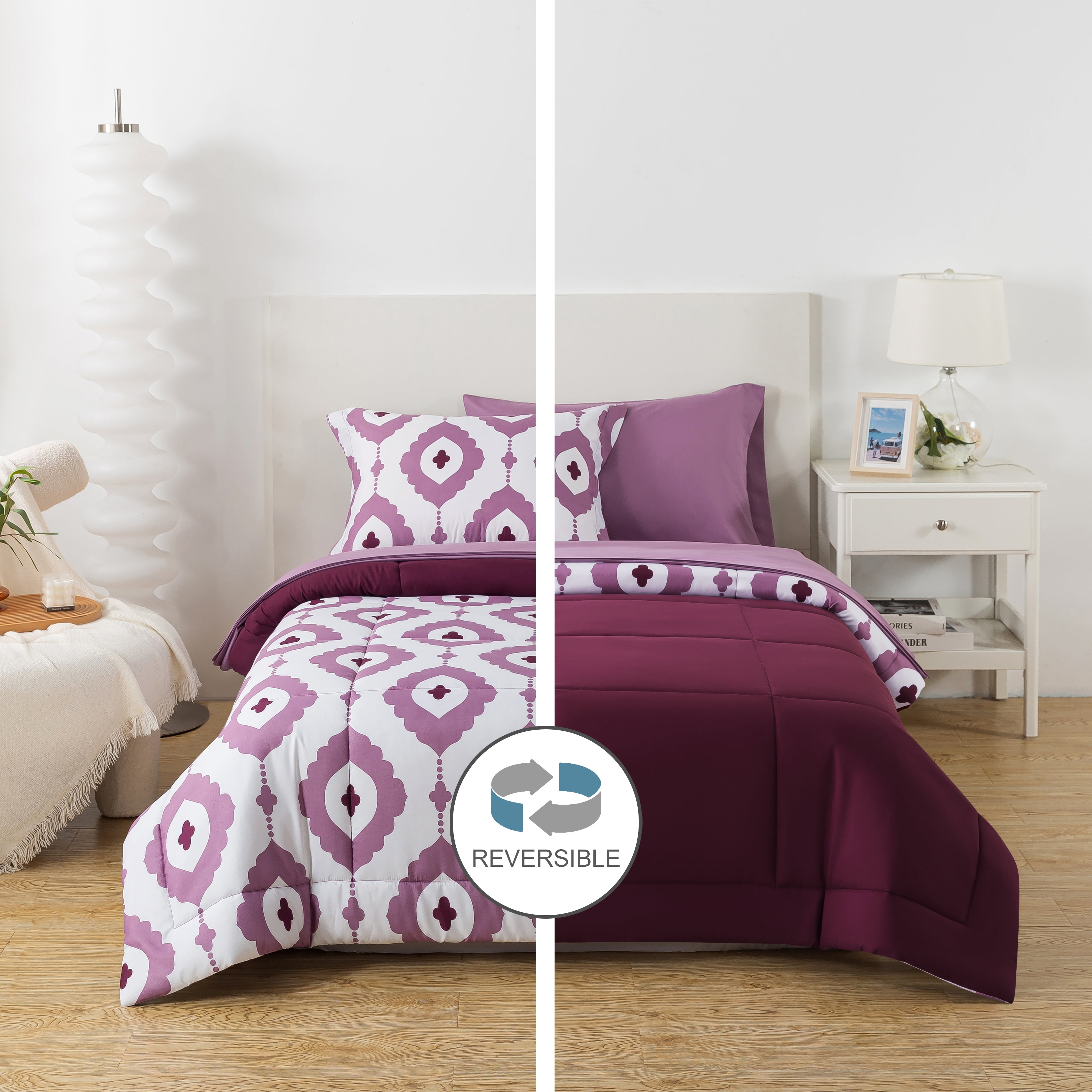 Mainstays All in One Reversible Comforter and Sheet set- 5 Piece, Twin, Purple Geo
