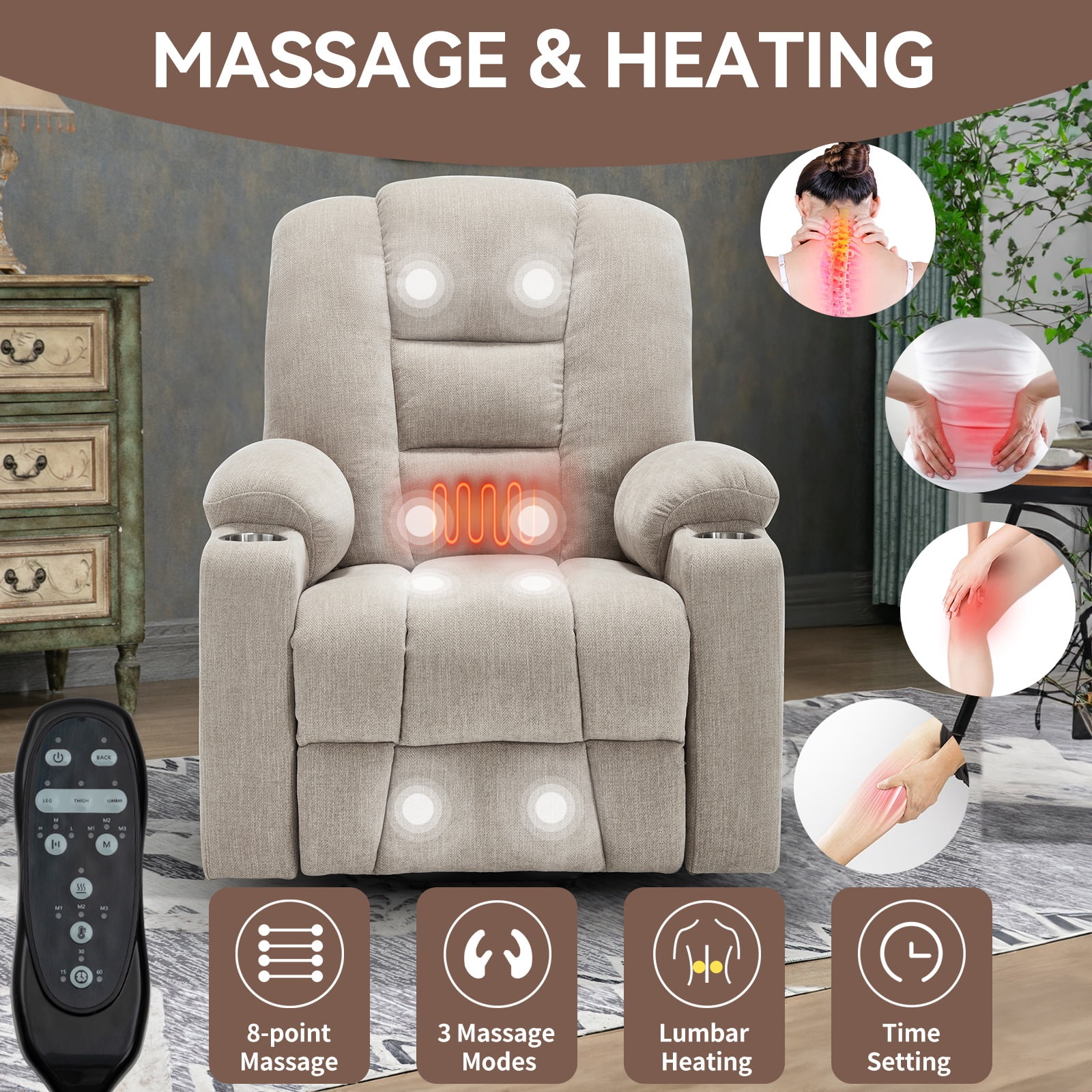 Power Lift Recliner Chair with Massage and Heat for Elderly, Segmart Overstuffed Wide Recliners, Heavy Duty Motion Mechanism with USB and Type C Ports, 2 Steel Cup Holders, Beige