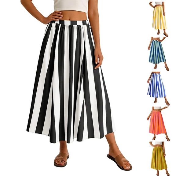 Maxi Skirts for Women Casual Comfort A line Summer Skirts Flowy Skirt Elegant Striped Midi Skirt Fashion for Daily Wear