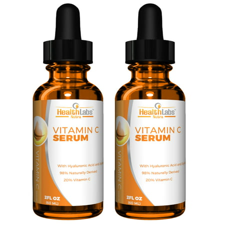 Health Labs Nutra Natural Vitamin C Serum with Hyaluronic Acid and Vitamin E, Best Anti-Aging Moisturizer Serum for Face, Neck, Decollete and Eye Treatment 2 fl. Oz. - Pack of