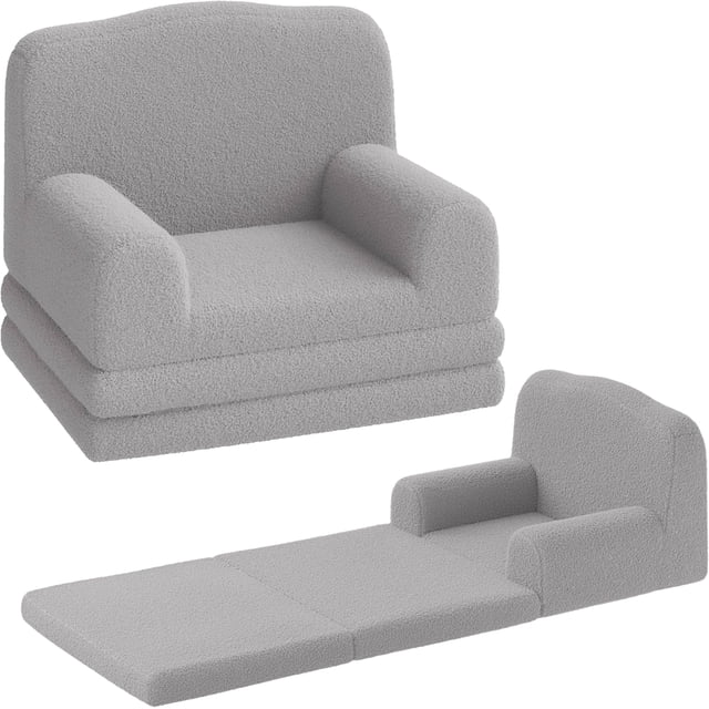 Para niños 2-in-1 couch comfy para niños pequeños couch fold-out convertible sofa to lounger foam para niños chair con soft sherpa a great gift para girls y boys (gray crown grande)