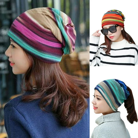 SPRING PARK Women Turban Womens Mens Cotton Headband Chemo Hat Striped Hairband Bandana Pleated Cap