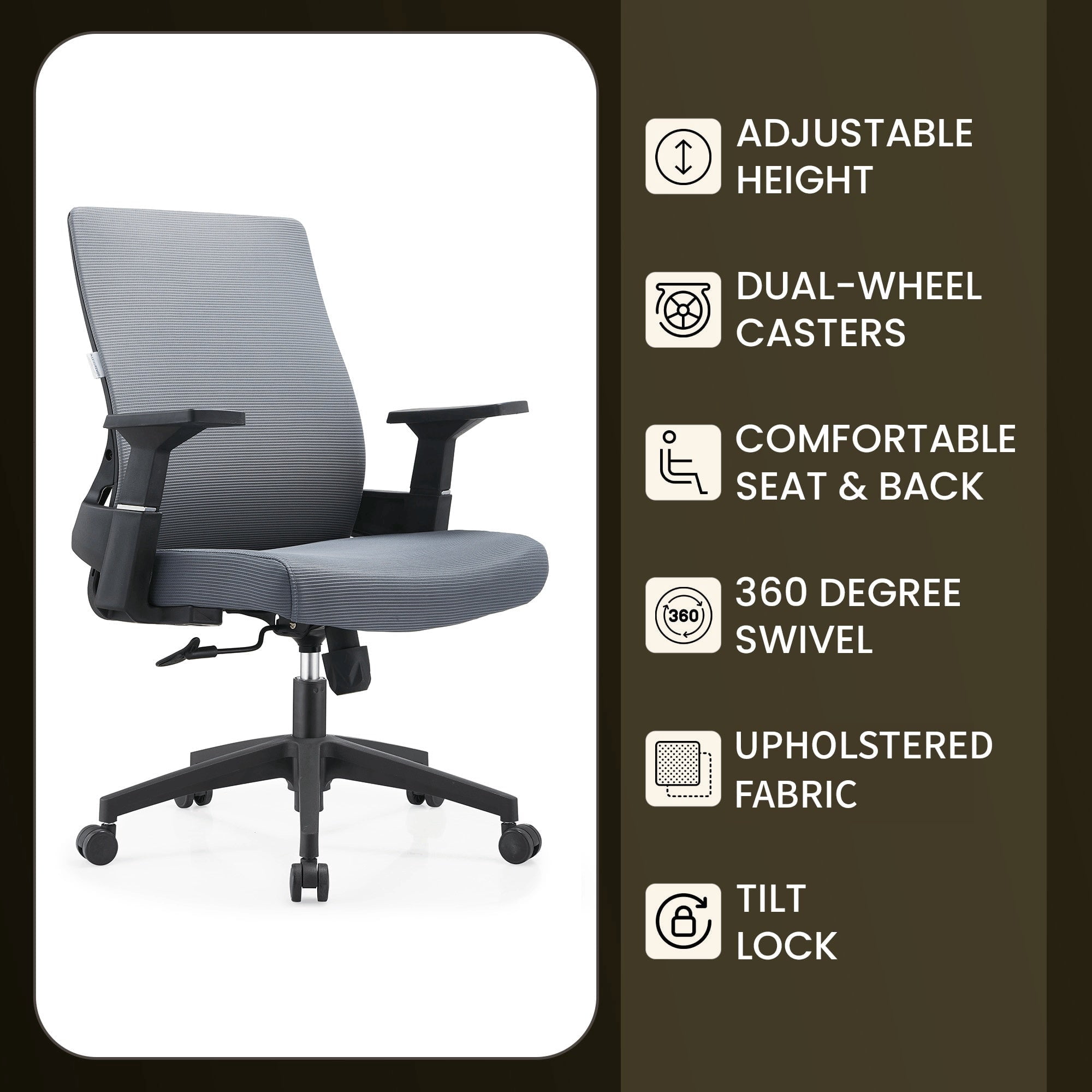 LeisureMod Brio Modern Office Chair Ergonomic Lumbar Support Computer Chair Adjustable Desk Chair with 360 Degree Swivel and Tilt in Grey