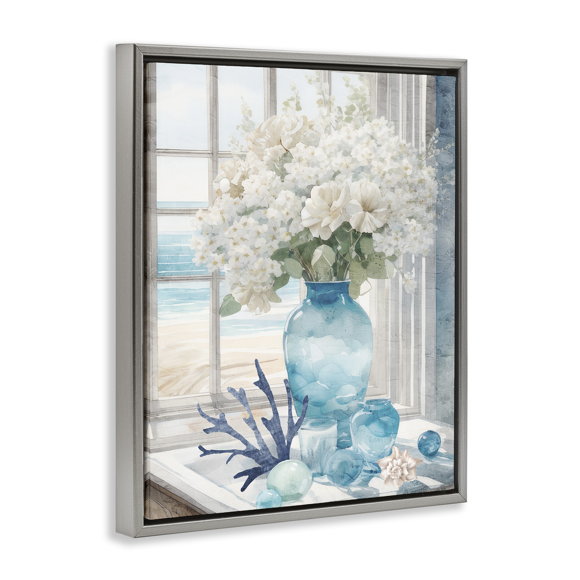 Stupell Industries Coastal Flower Vase Botanical & Floral Painting Gray Floater Framed Art Print Wall Art, 17 x 21
