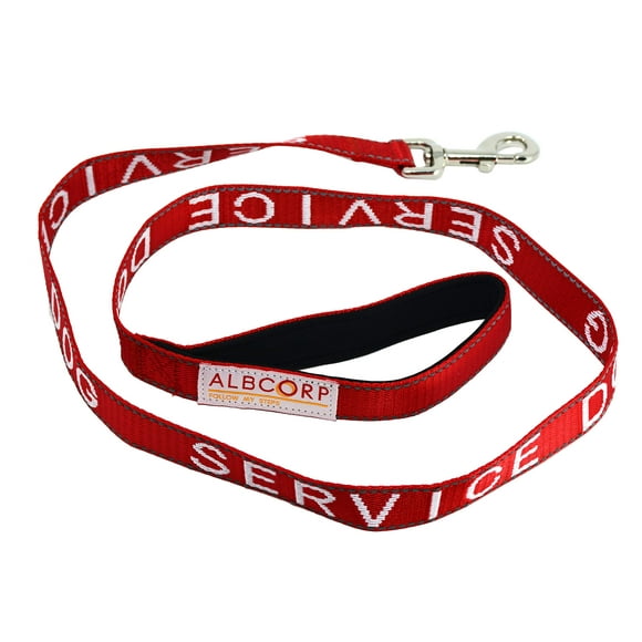 Correa para perros Albcorp Service, bordada, con mango de neopreno acolchado e hilos reflectantes, 4 pies, para arneses, chalecos o collares, roja