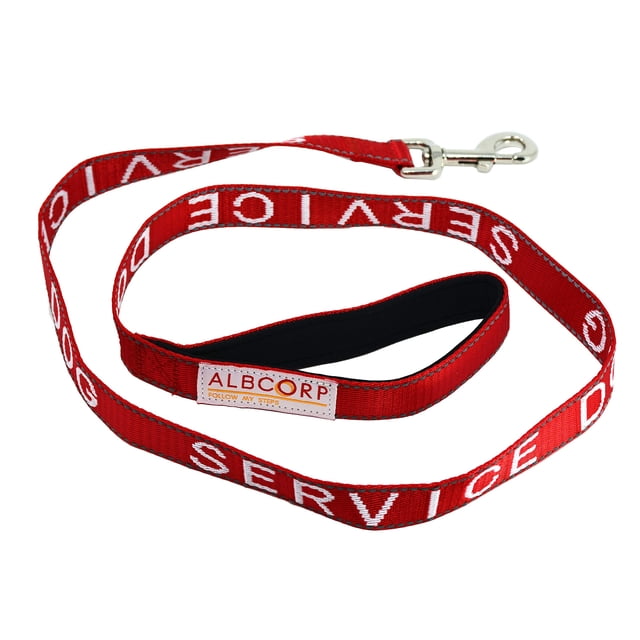 Correa para perros Albcorp Service, bordada, con mango de neopreno acolchado e hilos reflectantes, 4 pies, para arneses, chalecos o collares, roja