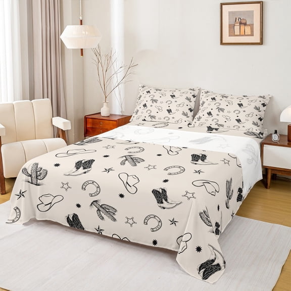 Manfei Western Horse Shoes Bed Sheets for Kids, Cowgirl Cowboy King Sheets, Cartoon Cactus Sheet Set, Super Cozy Room Decor, 4 Pieces