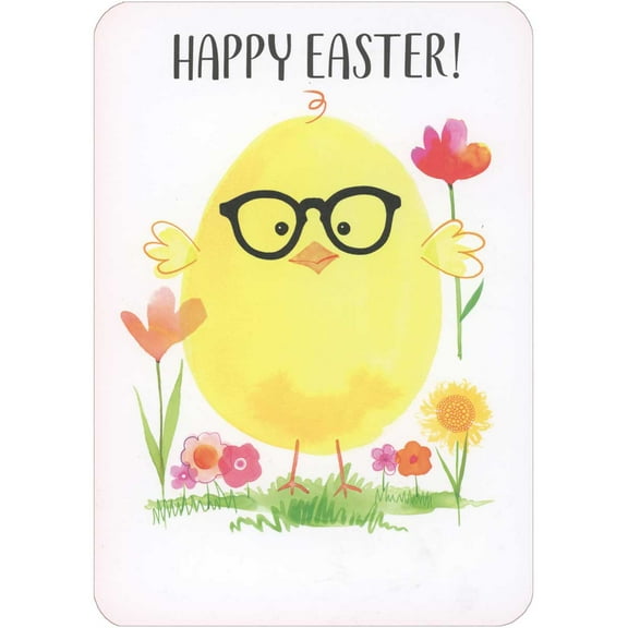 RSVP Greetings Yellow Chick with Black Glasses Holding Pink Flower Juvenile Easter Card for Grandson
