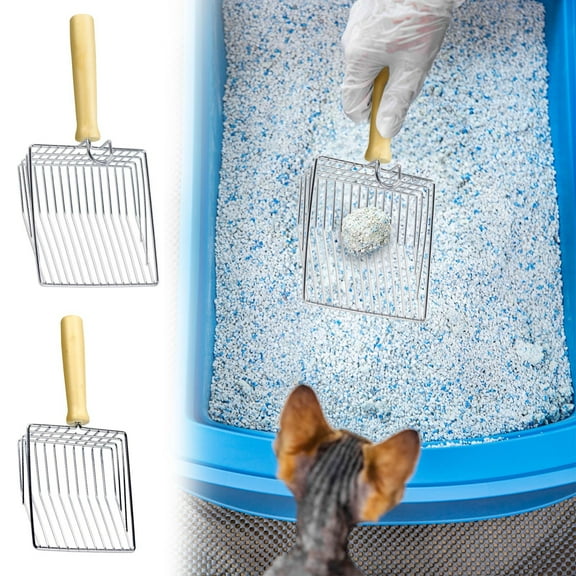 Stainless Steel Cat Litter Scoop with Fine Mesh Sifter and Wooden Handle, Non-Stick Fast Cleaning for Litter Boxes and Sand Substrate