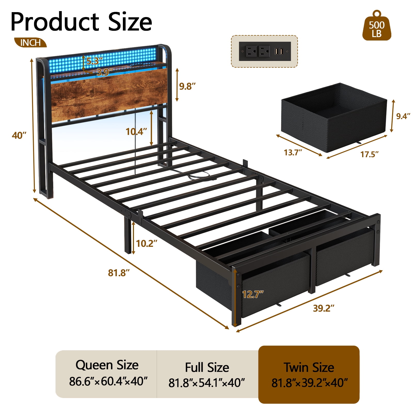 Tydimor Twin Bed Frame with 2 Drawers & Storage Headboard, Platform Metal Bed with Charging Station, No Box Spring Needed