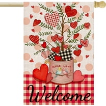 Valentines Day House Flag 28x40 Inch Double Sided Welcome Love Hearts Tree Floral Watercolor Checkered Outside for Rustic Anniversary Holiday Yard Outdoor Decoration