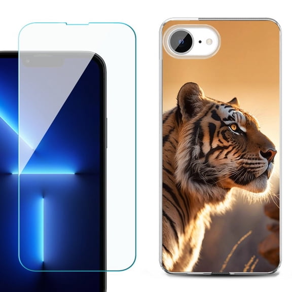 For For iPhone 16e Phone Case Cover, Shockproof Case with Tempered Glass Screen Protector, by OneToughShield - Tiger