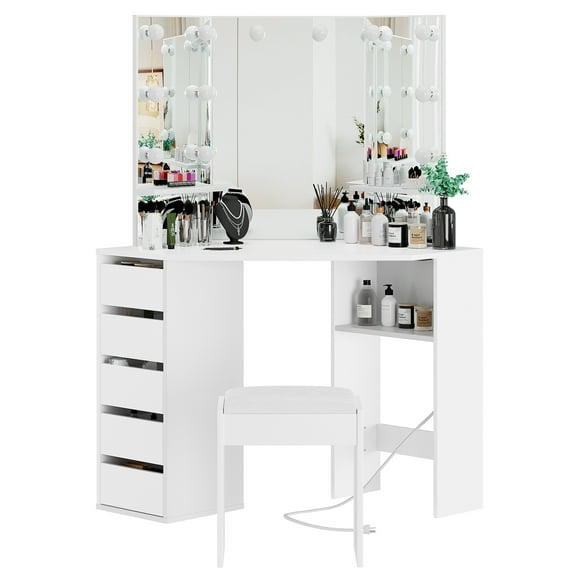 Corner Makeup Vanity Desk with Mirror and Lights, Bedroom Vanity Table with Lighted Mirror 5 Drawers and Storage Shelf for Women Girls, White