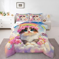 Castle Fairy Cartoon Cat Full Size Comforter Sets for Children,Rose Butterfly Bedding Sets