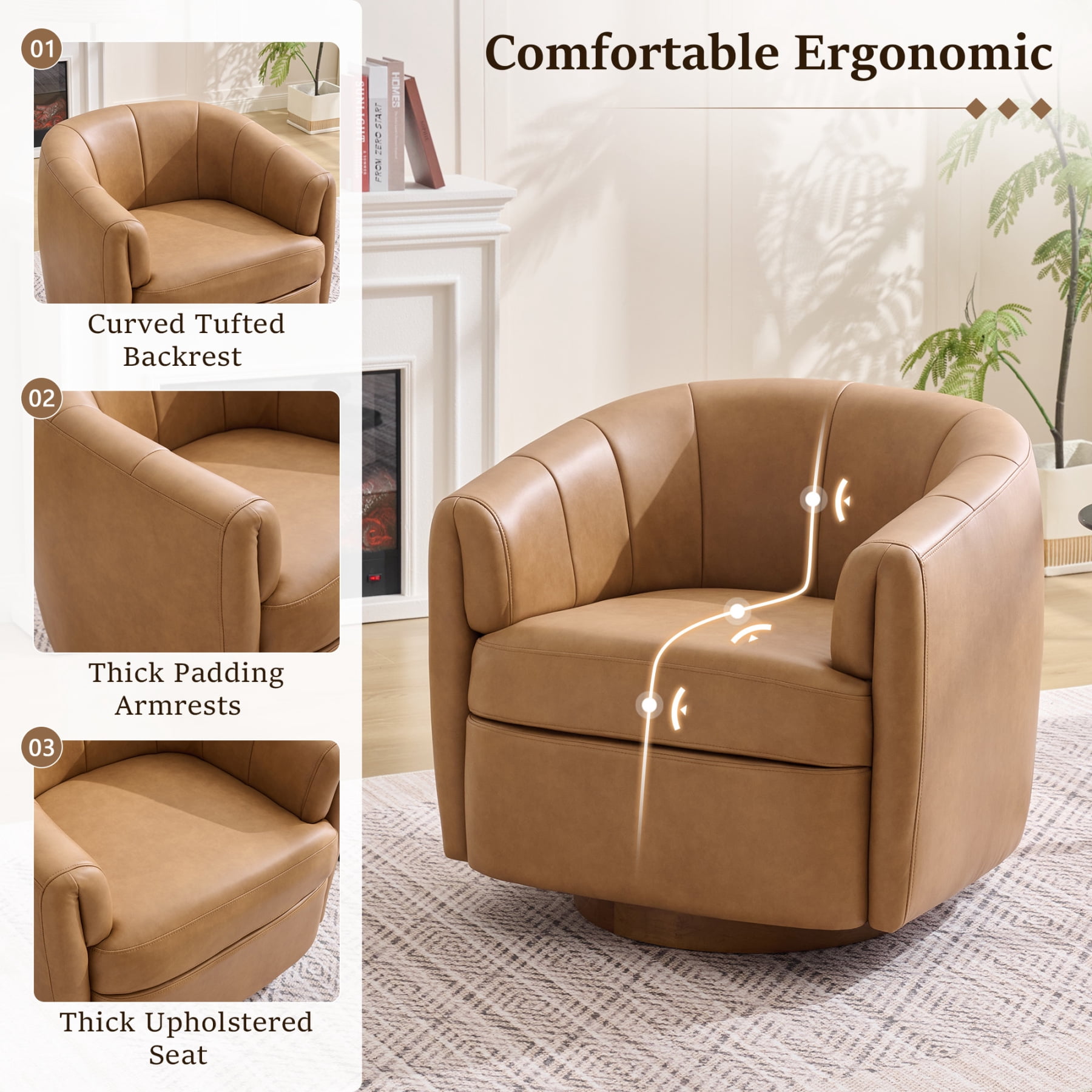 Leumius PU Leather Swivel Accent Chair, Upholstered Armchair with Solid Wood Base,Comfy Reading Chair With Curved Thickened Backrest,Camel PU