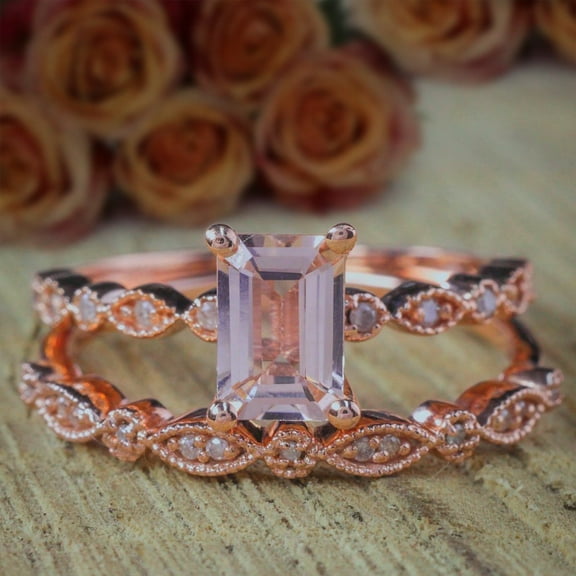 2 Carat 7x5mm Emerald Cut Morganite and Diamond Moissanite Bridal Ring Set Engagement ring set with 18k Gold Plating