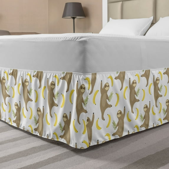 Sloths Bed Skirt, Tropical Print of Dancing Sloths and Banana Silhouettes on a Plain Backdrop, Elastic Bedskirt Dust Ruffle Wrap Around for Bedding Decor, 4 Sizes, Cocoa White Yellow, by Ambesonne