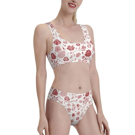 Uemuo Flower Leaves Printed Women s High Waisted Bikini Sets Sporty Two Piece Swimsuits Color Block Cheeky High Cut Bathing Suits-Medium