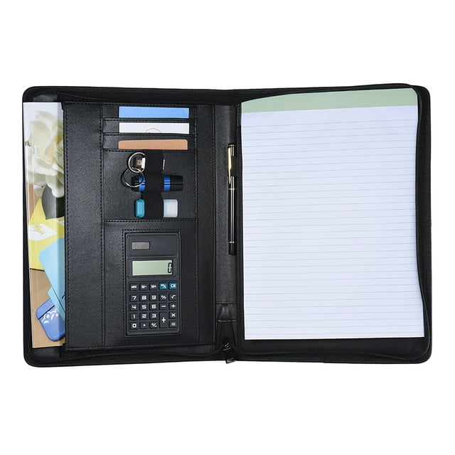 Eccomum Multifunctional Professional Business Portfolio Padfolio Folder Document Case Organizer A4 PU Leather Zippered Closure with Calculator Card Holder Memo Note Writing Pad