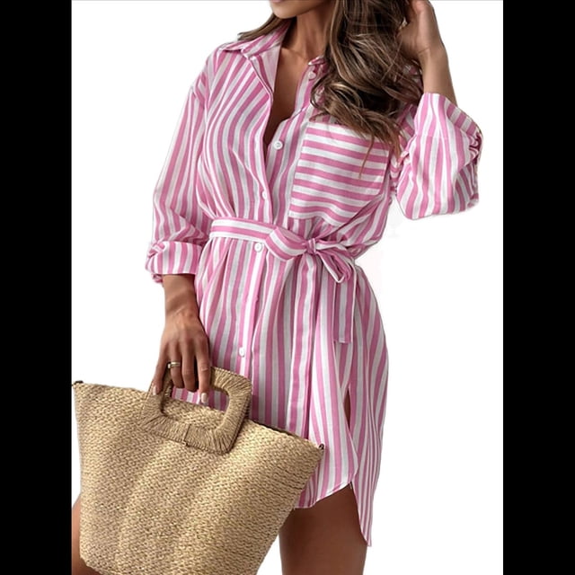 Camisas de Mujer con Botones, Blusas Casuales de Larga con Cuello Alto y Estilo Boyfriend Rayas Rosas S