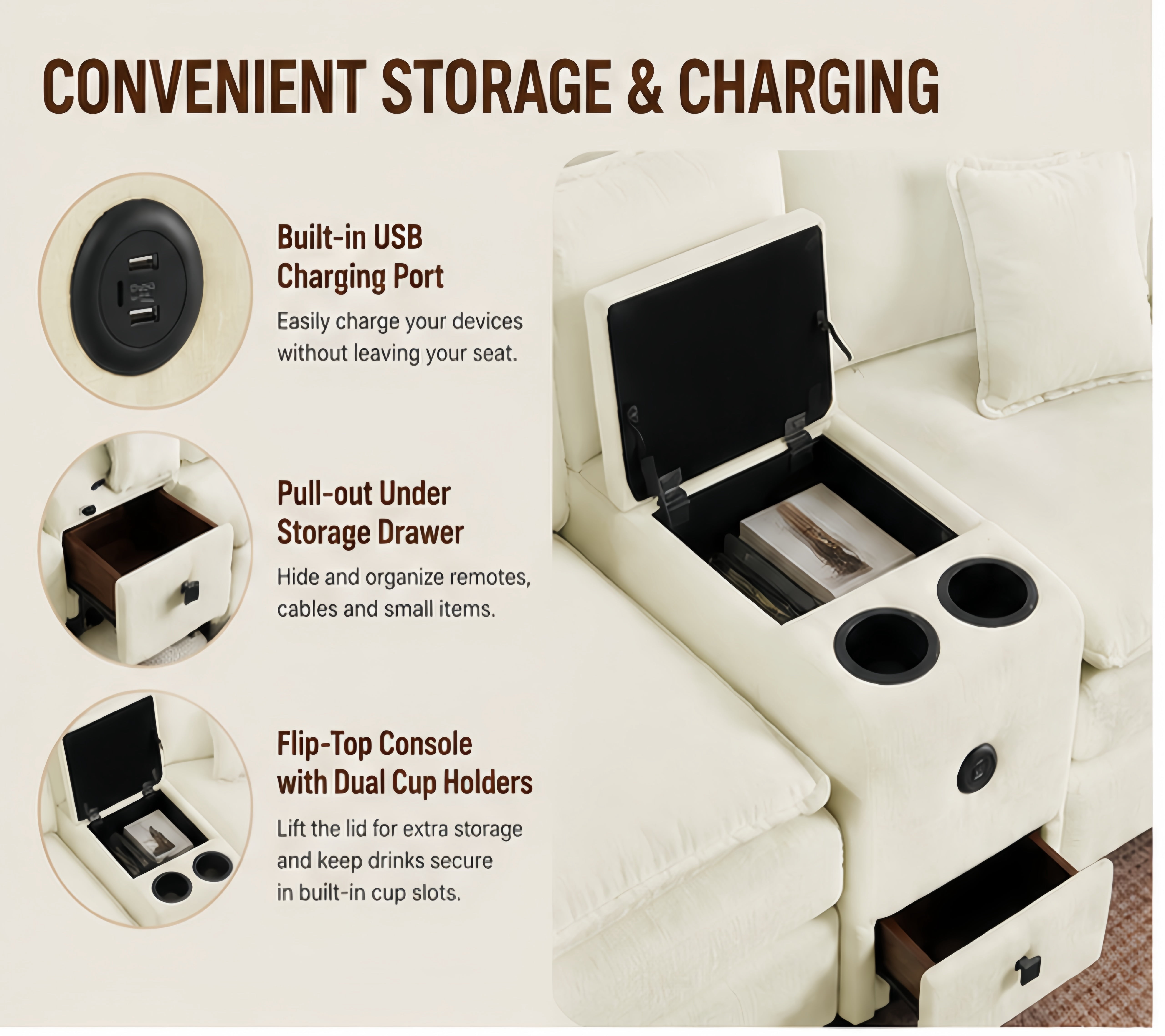Modular U-Shaped Sectional Sofa with Reversible Chaise, USB Charging Ports & Storage Drawer, 6-Seater Sofa Couch with Flip-Top Cup Holder Console, Arm Pockets & Detachable Cushions