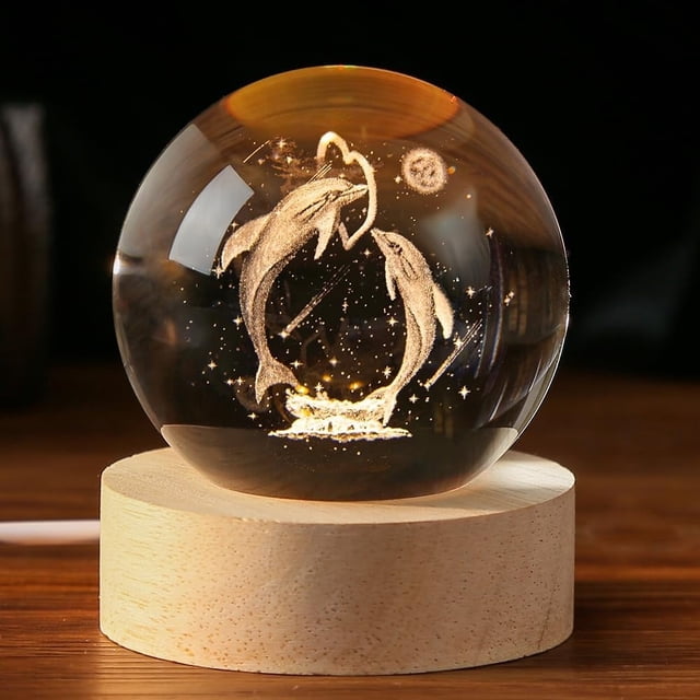 InnotechSC Dolphin Figuras de Delfines 3D de Regalo en Bola de Cristal de 60 Mm con Esfera de Vidrio Grabada con Láser Decoración Del Hogar con Base de Luz de Madera