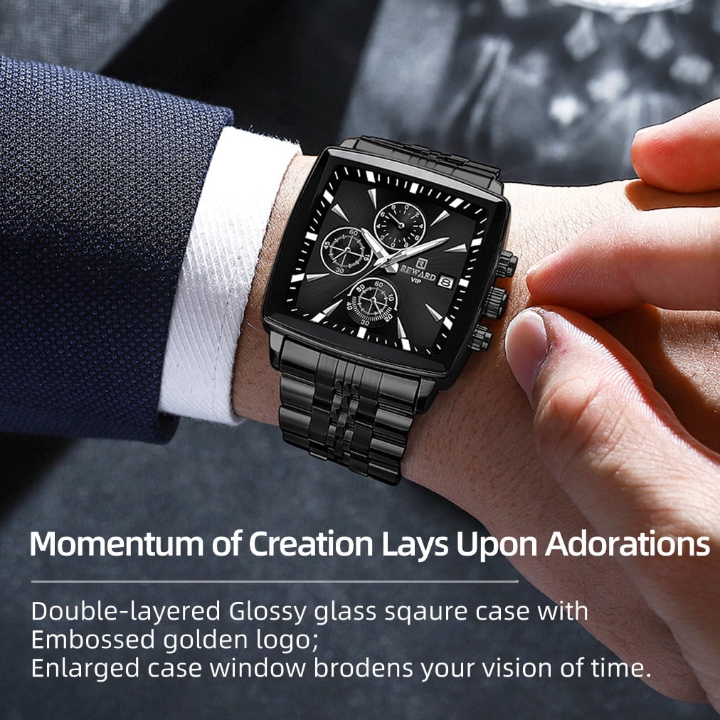 Square Watches for Men Black Stainless Steel Chronograph Fashion Business Watch Luminous Waterproof Casual Wrist Watches