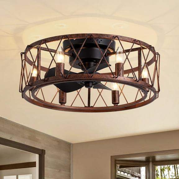 HOOMEDELIER 20" Rustic Farmhouse Ceiling Fan with Light and Remote, Rust Flush Mount Indoor Cage Fan for Kitchen Dining Room Bedroom