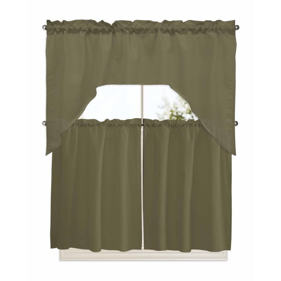 Sage Green Kitchen Curtain and Valance Set 3 Pieces, Rod Pocket Short Tier Curtains 36 Inch Length, Brown Solid Color Simple Abstract Swag Topper Small Window Treatment for Cafe Bathroom Bedroom