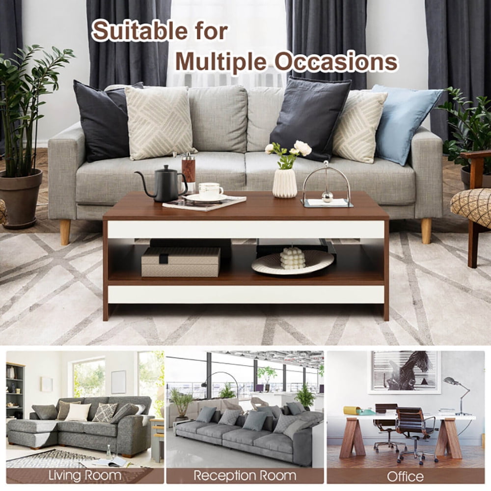 Finihen Coffee Table, Wooden Coffee Table, 37 Inch 2-Tier Rectangle Wooden Coffee Table with Storage Shelf, for Living Room, Reception Room, Office, Wulnat Finihen Coffee Table, Wooden Coffee Table, 37 Inch 2-Tier Rectangle Wooden Coffee Table with Storage Shelf, for Living Room, Reception Room, Office, Wulnat