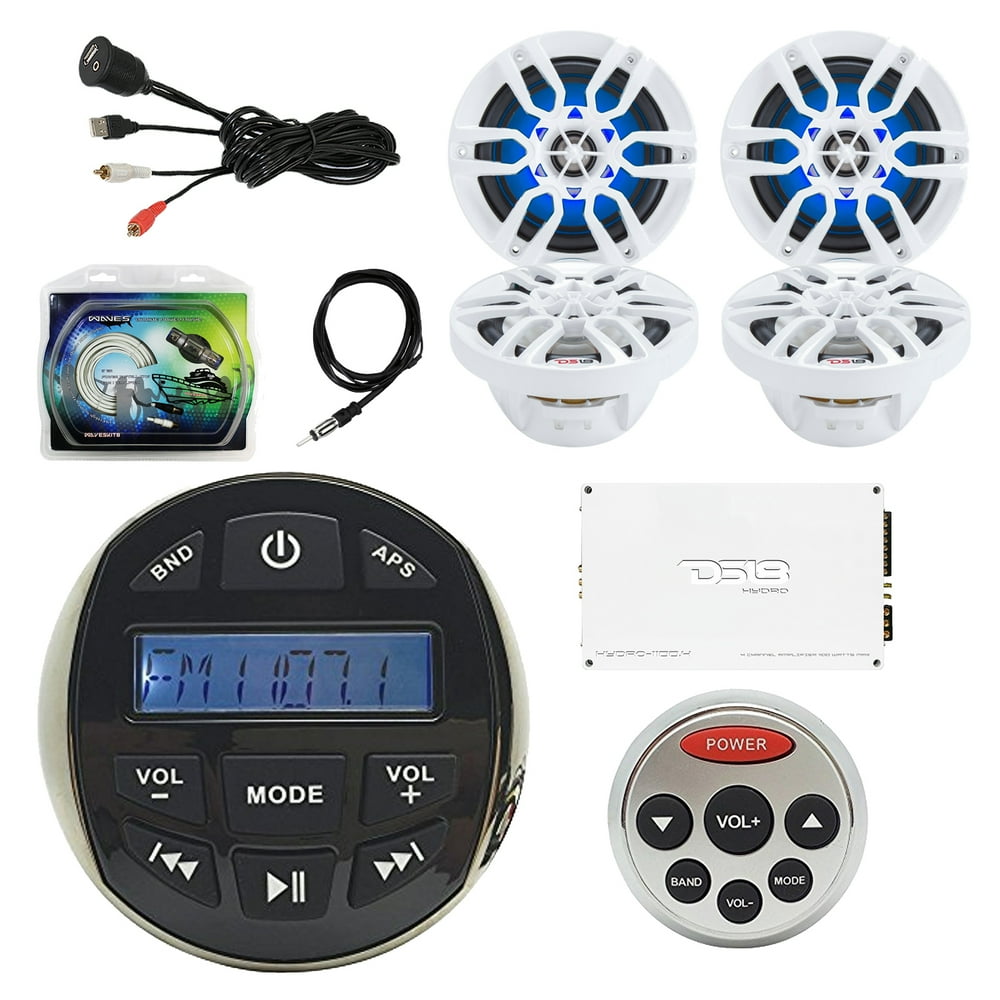 DS18 Waterproof Marine Stereo Receiver Radio, Remote Control, 4x White