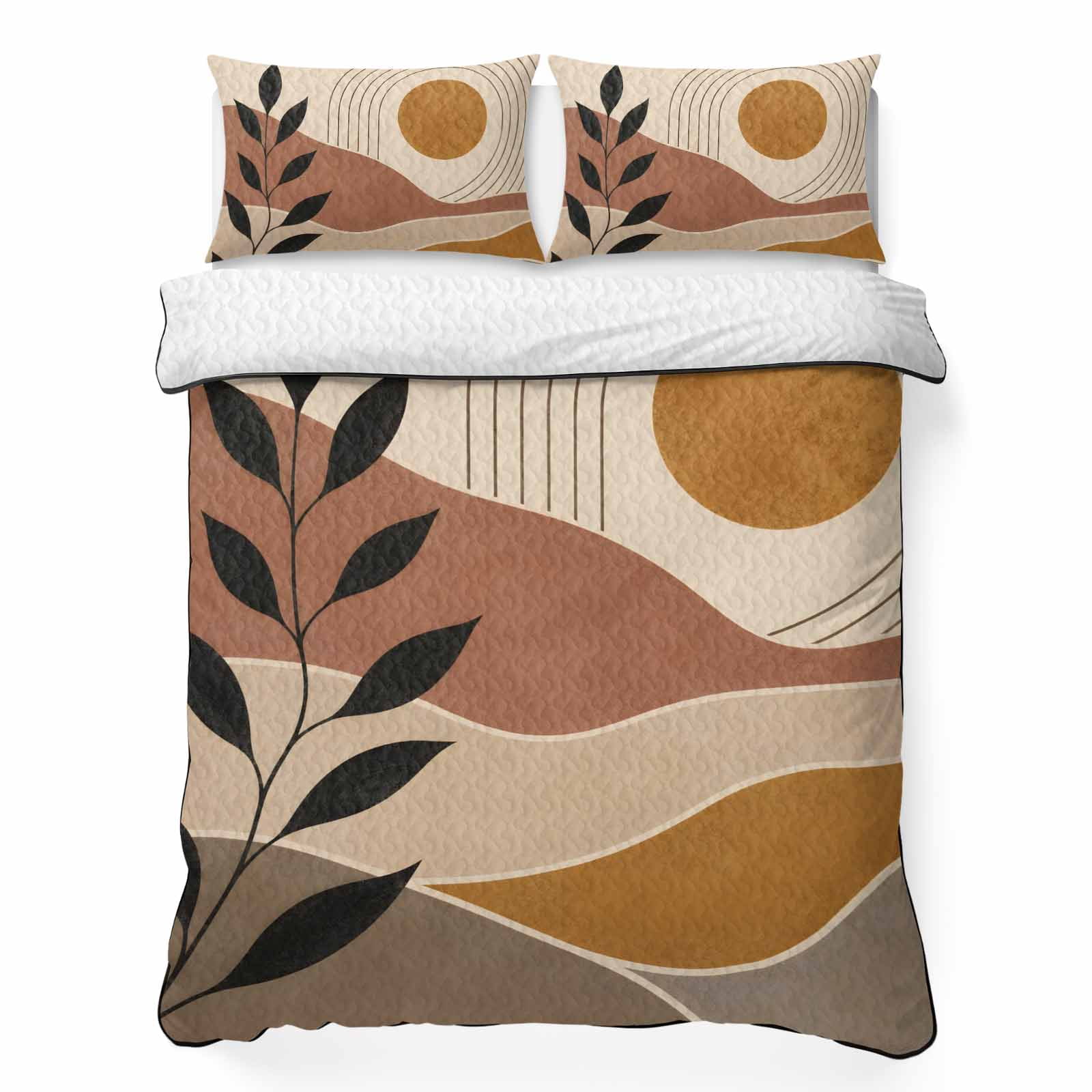 Quilts Queen Size Bedding Set Boho Dessert Sunset Lightweight Quilted Comforter Abstract Vintage Leaves Middle Century Reversible Bedspread Coverlet with Pillow Covers for All Season 90 x 96