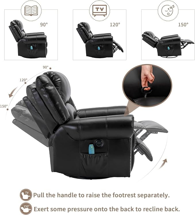 EPICOZY Manual Massage Swivel Rocker Recliner with Heat and Vibration, 360° Swivel Glider Rocking Recliner Chair, Classic Living Room Lounge Recliners with Side Pockets & USB Ports, Black