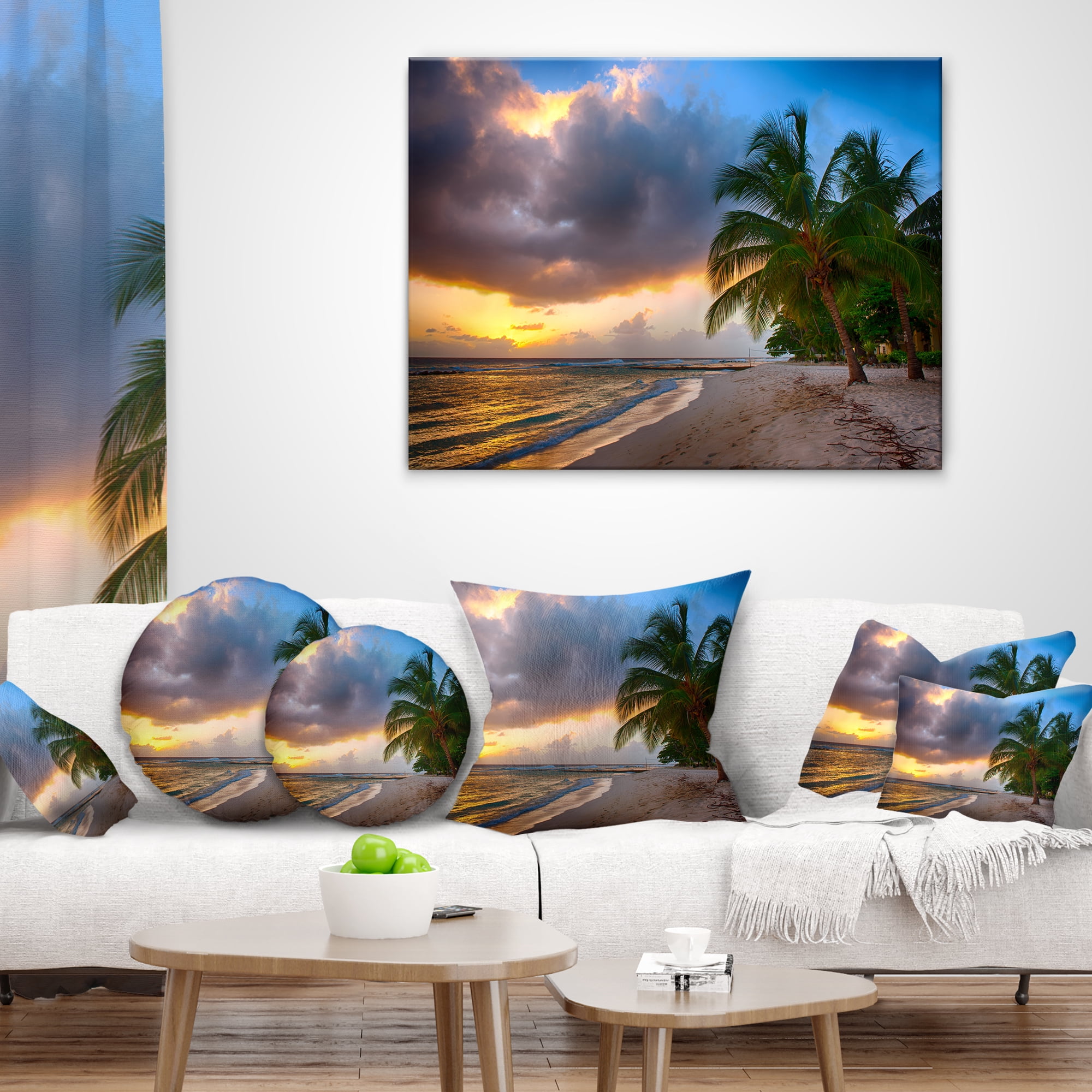 Designart Beautiful Beach with Palms in Barbados - Modern Seascape Throw Pillow - 18x18
